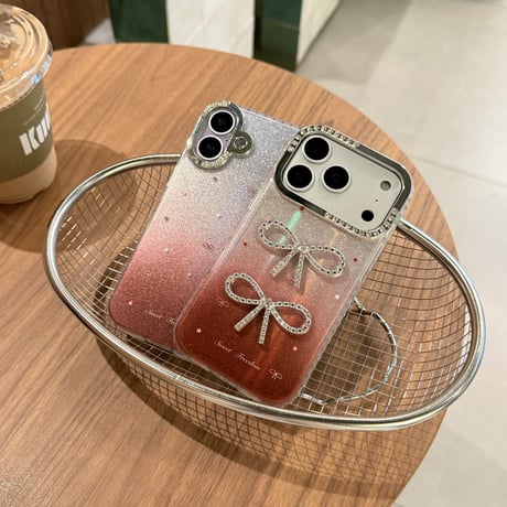 ダイヤリボン iPhone17/17Proケース キラキララメ入り iPhone17ProMax/16/15シリーズカバー 可愛い グラデーションカラー [M5789]