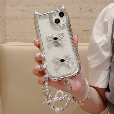 耳付 立体リボン iPhone15pro/15カバー 可愛いストラップ付 iPhone14/13pro/12ケース キラキラ 女子力UP[M4374]