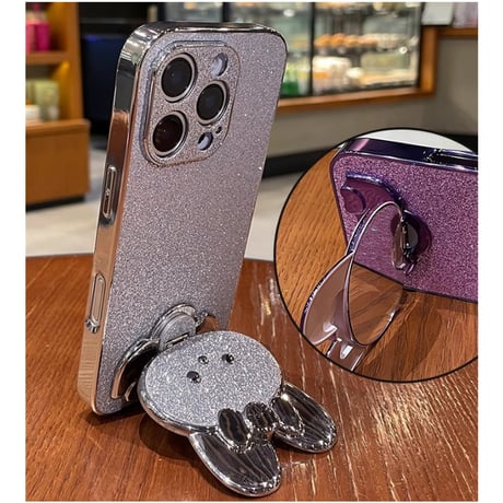 ウサギ鏡兼スタンド iPhone16/16Proケース  キラキラ iPhone15pro/14/13Proカバー 可愛い 多機能 耐衝撃[M4929]