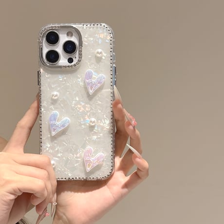 ハートデコ iPhone16pro/16カバー シェル柄 iPhone15pro/14promax/13ケース パール/ジュエリーデコ 上品 大人可愛い [M5314]