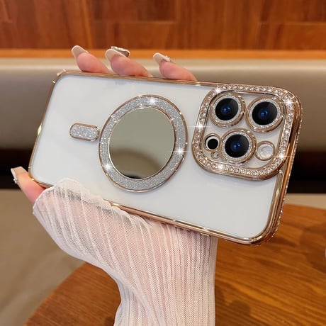 ミラー iPhone16/16Proケース  ジュエリー iPhone15pro/14/13Proカバー Magsafe対応 キラキラインナーシート付 人気品[M4587]