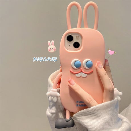 ウサギ iPhone14/13ケース ピンク シリコンアイフォン12/11カバー かわいい 耳持ち手 頑丈 プレゼントにおすすめ  [M3117]