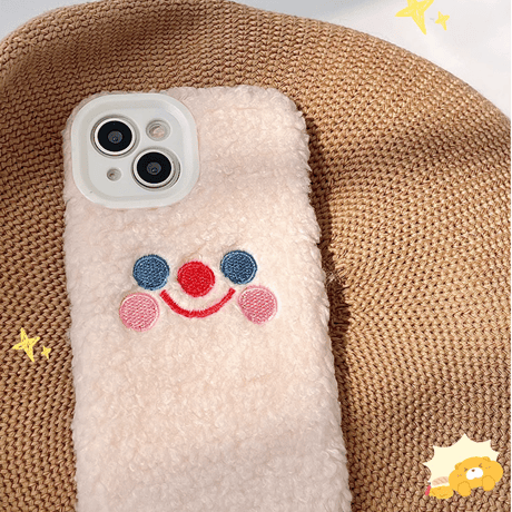 ファー 笑顔 iphone15/15Proケース  刺繡入り iPhone14/13/12Proカバー  かわいい 秋冬人気アイテム 手さわりいい[M3590]