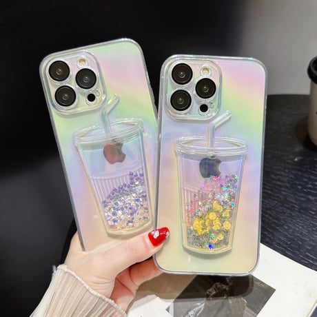 【iPhone16】動く氷/レモン iphone15/14proケース グリッター入り液体 iphone13/12カバー キラキラグラデーションカラー レンズフィルム付 人気品[M3122]