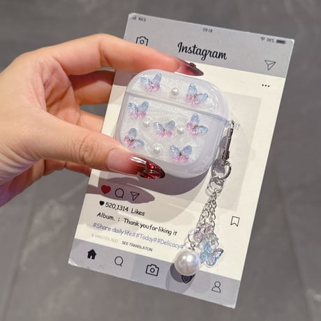 かわいい蝶々 Airpods 4ケース パールキーホルダー付 かわいい Airpods3/Pro2ケース airpodsproカバー 頑丈 ガーリーファッション[M5272]