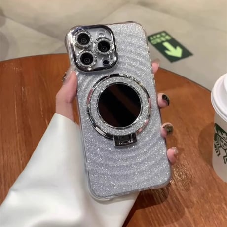MagSafeリング鏡付 iPhone16/15proケース キラキラスタンド付 iphone14pro/13/12カバー 便利 レンズフイルム付[M4207]