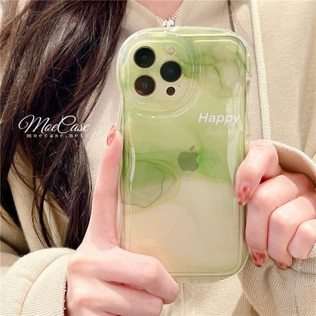 抹茶グリーン暈し染め iPhone13/14カバー Happy高級感 iphone12pro/11ケース  可愛い 透明感 頑丈 波紋枠 落下防止 [M2881]