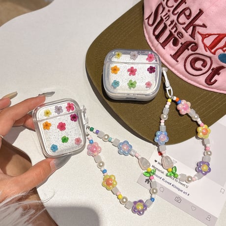 押し花 Airpods４ケース ラメ 花ストラップ付 Airpods3/Pro2ケース airpodsproカバー 大人可愛い ギフトにおすすめ[M5165]