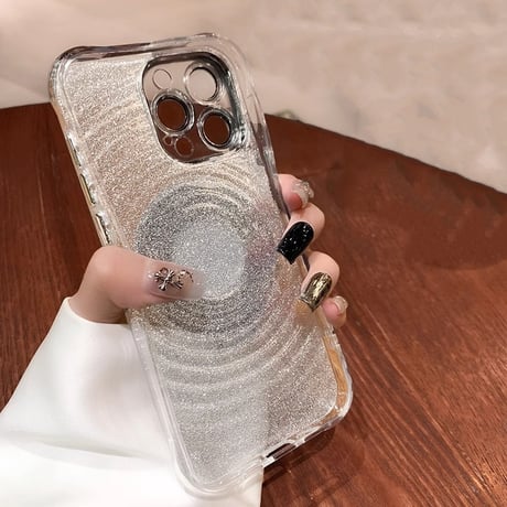 MagSafeリング鏡付 iPhone16/15proケース キラキラスタンド付 iphone14pro/13/12カバー 便利 レンズフイルム付[M4207]