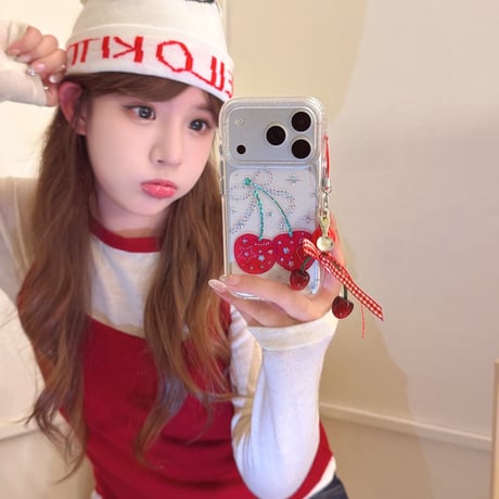 ダイヤデコサクランボ iPhone17pro/17ケース キラキラ感 iPhone16/15proケース 可愛いストラップ 女子力高い[M6040]