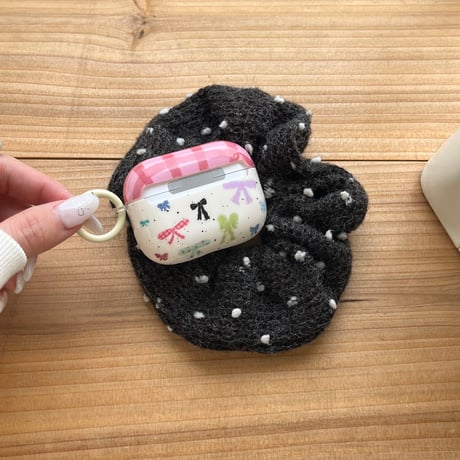 リボン Airpods 4ケース チェック柄 Airpods3/Pro2ケース airpodsproカバー リボンキーホルダー/リング付 [M5101]