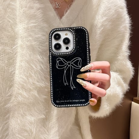 ジュエリー iPhone16/16proケース リボン柄 iPhone15Pro/14/13proカバー 可愛い キラキラ 女子力アップ [M4988]
