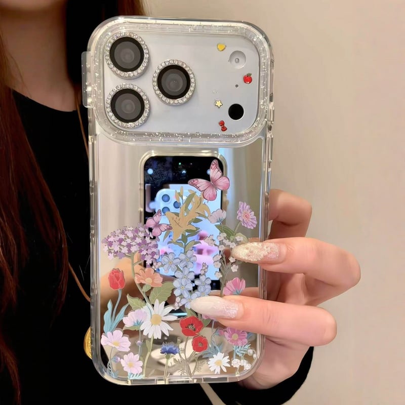 草花柄ミラー iPhone17Pro/17ケース きれい iPhone17Promax/16P