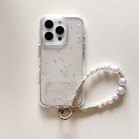 ハートグリッター iPhone16pro/16ケース  高透明 パールストラップ iPhone15pro/14/13カバー  可愛い 高級感たっぷり[M5219]