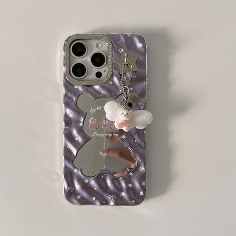 熊ちゃんミラー iPhone16/16proケース 可愛いバックチャーム付 iPhone15pro/14pro/13カバー 艶感 可愛い [M5419]