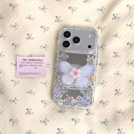 草花柄ミラー iPhone17pro/17ケース 蝶グリップ iPhone16promax/15proケース かわいい 便利 女子力高い[M6164]