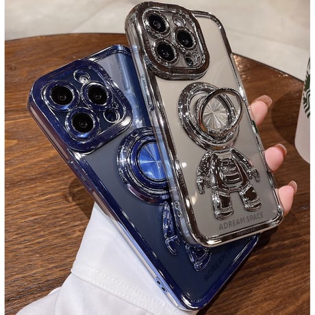 宇宙飛行士リング付 iPhone15/14proケース メッキクリアアイフォン13/12/11proカバー スタンド 便利 艶あり セレブ愛用 [M2637]