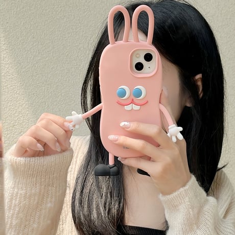 ウサギ iPhone14/13ケース ピンク シリコンアイフォン12/11カバー かわいい 耳持ち手 頑丈 プレゼントにおすすめ  [M3117]
