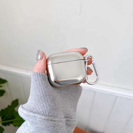 メッキ Airpods 4ケース 光沢感 カラビナ付 Airpods3/2カバー AirpodsPro2/Pro1  シルバー 高級感[M4802]