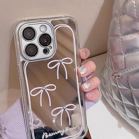 鏡付 リボン iPhone15/15proケース 女子力アップ iPhone14promax/13pro/12ケース パープルカラー 可愛い[M4287]