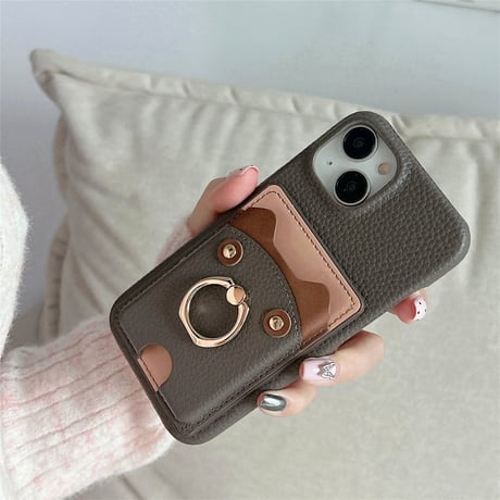 リングカード入れ付 iPhone16/16Proケース 熊 レザー アイフォン15pro/13mini/12/14カバー レザー 高品質 超便利[M4639]