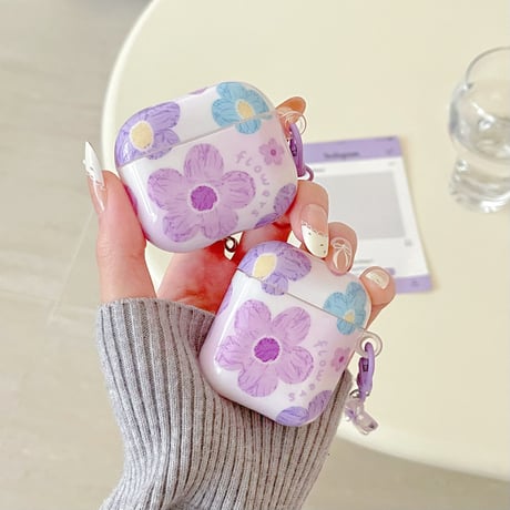 紫の花 Airpods 4ケース エレガント Airpods3/Pro2ケース airpodspro2カバー  女子力UP 花キーチェーン付 大人可愛い[M5238]