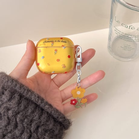 草花柄 Airpods 4ケース イエロー Airpodspro2/proカバー Airpods3/2 花キーリング付き 可愛い[M4919]