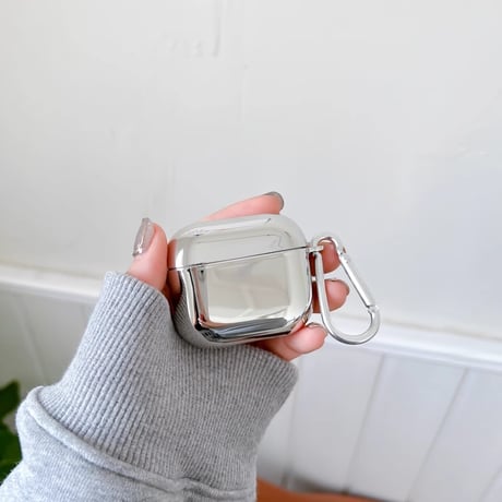 メッキ Airpods 4ケース 光沢感 カラビナ付 Airpods3/2カバー AirpodsPro2/Pro1  シルバー 高級感[M4802]