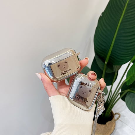 【Airpods 4】クマさん Airpodspro2ケース Bear airpods3/2ケース  銀色 同系小物とチェーン付き 可愛いM279