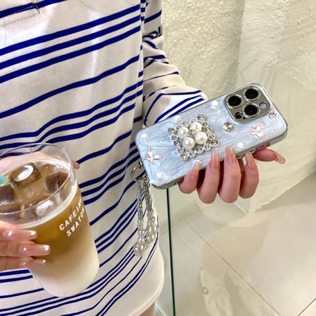 パール/ダイヤデコ iPhone16/17proケース きれいストラップ アイフォン15プロ/14promaxカバー 高級感 [M5602]