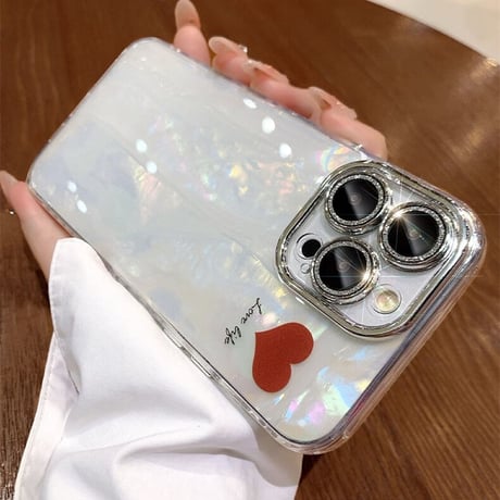 シェル風 iPhone16/14/15proカバー ハート柄 キラキラレンズフィルム付 オシャレ 綺麗 女子力アップ お揃い [M3520]