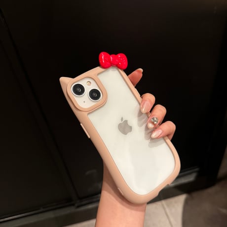 リボン付 猫の耳 iPhone15pro/15カバー 持ちやすい iPhone14pro/13/12proケース 可愛い 女子力高い [M4344]