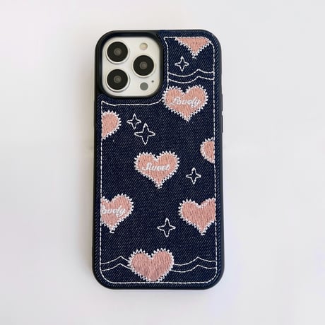 デニム 刺繡 ピンクハート柄 iphone14plus/14proケース  可愛すぎ  iphone13/12/11カバー  高品質  高級感 プレゼントにおすすめ [M2247]