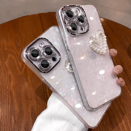 キラキラレンズカバー iPhone16Pro/16plusケース パールハートデコ  アイフォン14プロ/13promax/12カバー 黄ばまない[M4610]