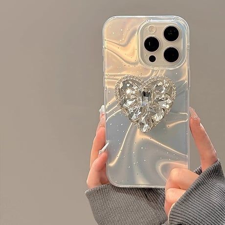 ハートダイヤグリップ iPhone15pro/15ケース オーロラカラー iPhone14pro/13/12proカバー おしゃれ 女子力アップ[M4210]