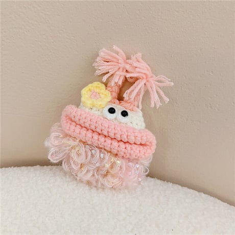 ピンク大きい口モンスター airpods4/3/proケース  花付き ふもふも airpodsカバー   可愛い 柔らかい 温かい キュート[M2227]