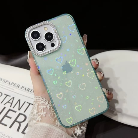 光るハート柄 iPhone15Pro/15Plusケース 女子力アップ iPhone14/13Pro/12カバー 綺麗 夏ファッション[M4439]