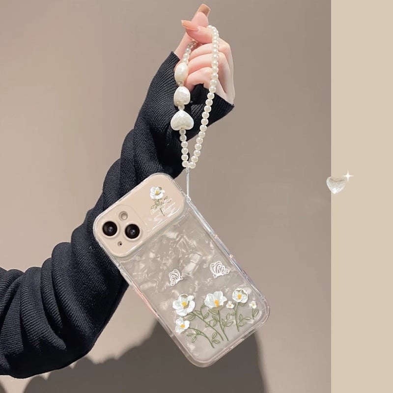 鏡カメラカバー付 iPhone15Pro/16ケース 花柄 ストラップ付き