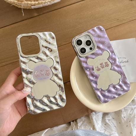 熊ちゃんミラー iPhone16/16proケース 可愛いバックチャーム付 iPhone15pro/14pro/13カバー 艶感 可愛い [M5419]