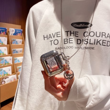 銀色鏡面天使  airpodsproケース  angelキーホルダー airpodsカバー チェーン付き 紐掛け 頑丈ツヤありM401