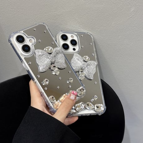 ダイヤリボン鏡 iPhone17/17Proケース キラキラ 豪華 iPhone16pro/15plus/14カバー 四角耐衝撃 [M5554]