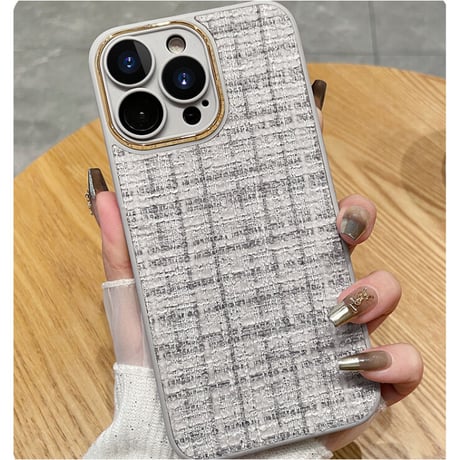 セレブ愛用 iPhone14/14proケース 真珠ストラップ付 アイフォン13pro/12/11カバー ツイード生地  Girls プレゼントにおすすめ[M2535]