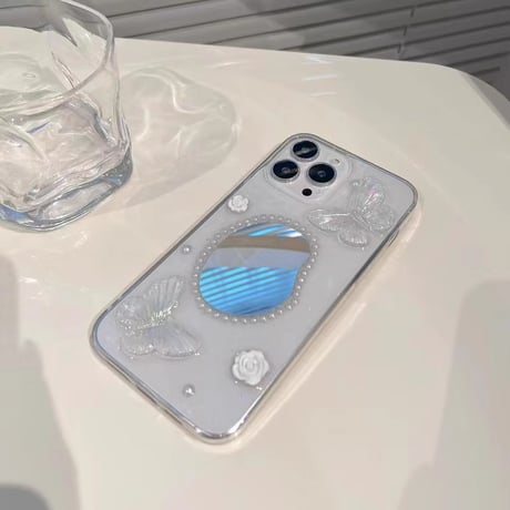 パール鏡付 iPhone15/15proケース  蝶/花 iPhone14pro/13mini/12proカバー 透明 綺麗 女子力アップ[M3990]