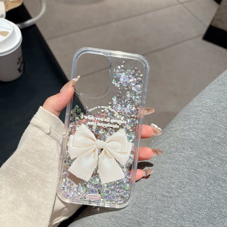 動くダイヤ iPhone16pro/17ケース リボン柄 透明iPhone15pro/14/13カバー オシャレ キラキラ 可愛い [M5557]