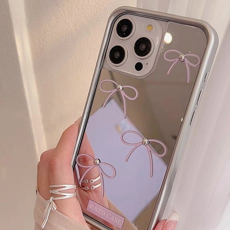 鏡付 リボン iPhone15/15proケース  女子力UP ラベンダー iPhone14/13pro/12ケース かわいい 韓国風 高級感[M4269]