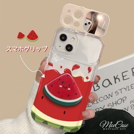 スイカグリップ iPhone14/14proケース 鏡カメラカバー iPhone13/12/11proカバー クリアケース スタンド機能 [M3097]