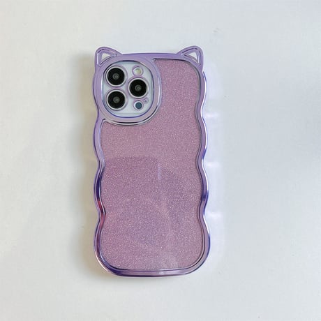 紫色 猫の耳 iphone17/17proケース ラメ入りシール付 キラキラアイフォン15/15pro/13proカバー オシャレ 光る 滑りにくい枠 [M2302]