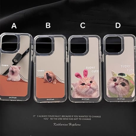 猫 ミラーiPhone15/15proケース  丈夫 iPhone14pro/13/12カバー 可愛い 丈夫[M4175]