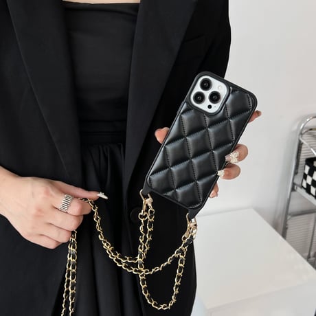 ショルダーストラップ付 iPhone15/14proケース キルティングデザインアイフォン13/12proカバー 上品 5色 [M3500]