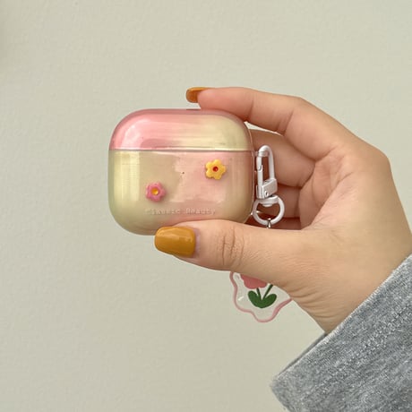 韓国風花 Airpods4ケース グラデーションカラー AirpodsPro2ケース airpods3/2カバー  かわいい キーチェーン付 淡色系 [M5335]